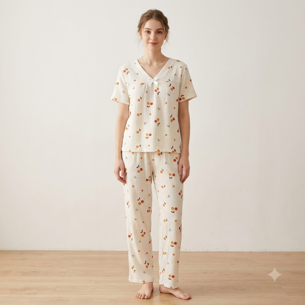 V NECK CRAPE PJ SET-CHARMFED FLUFF FLOWER