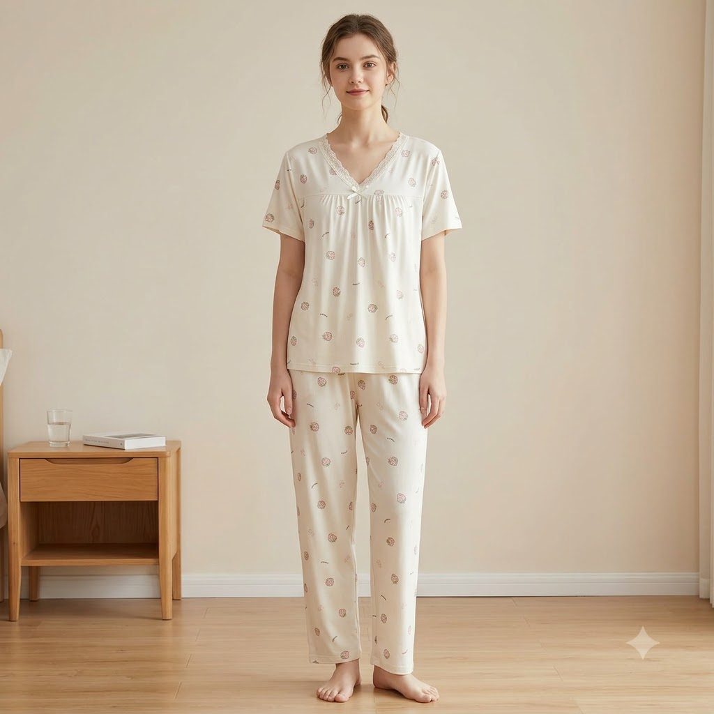 V NECK CRAPE PJ SET-CHARMFED FLUFF STRAWBERRY