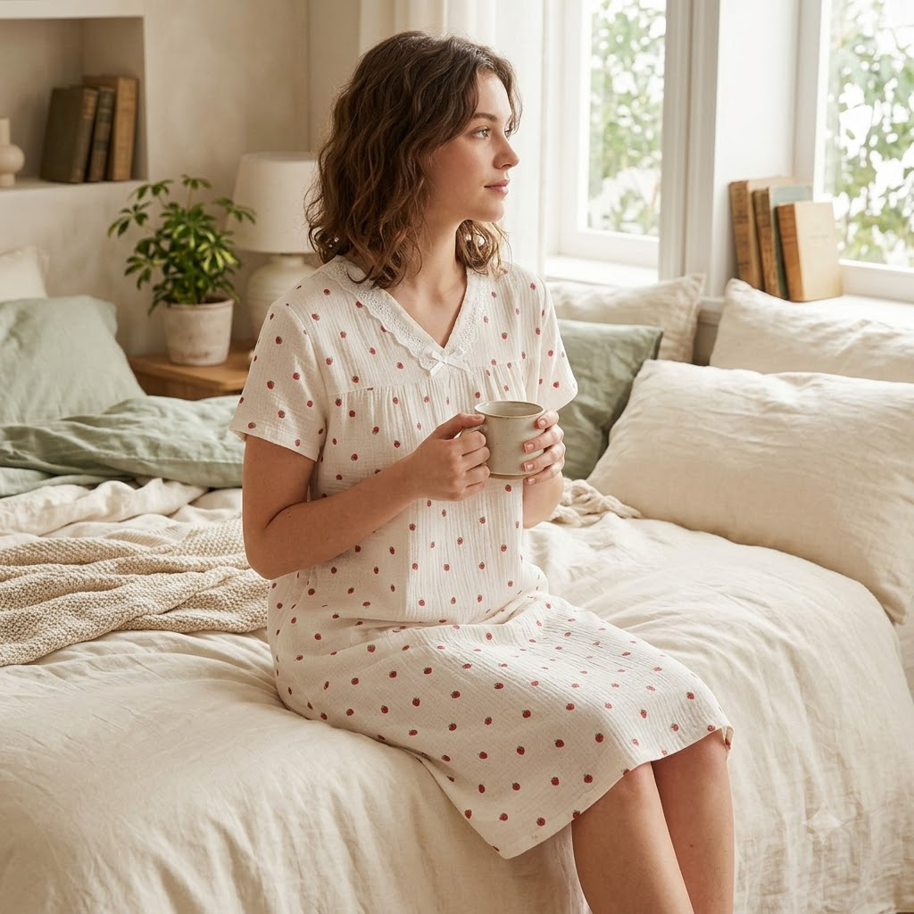 SHORT NIGHTY-V NECK-STRAWBERRY PRINT