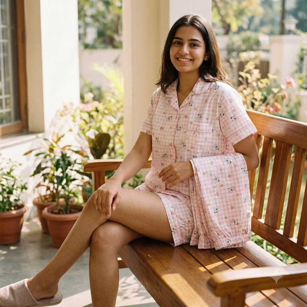 PJ SET WITH SHORTS-CHECKED PINK