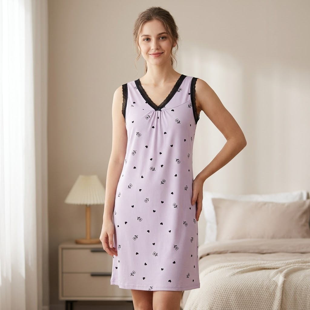 ICESILK V NECK SHORTY-SL-BOW PRINT HEART WITH LEAF-PURPLE