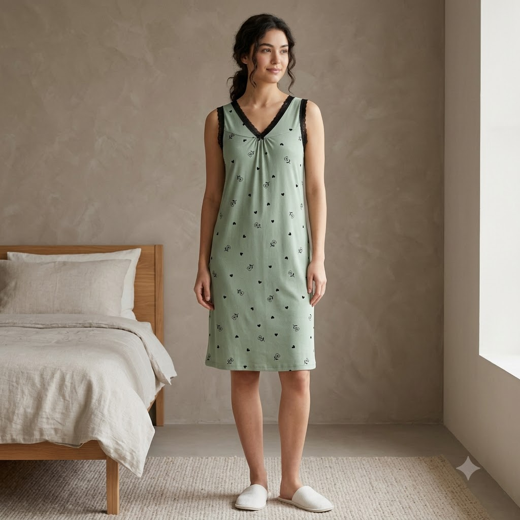 ICESILK V NECK SHORTY-SL-BOW PRINT HEART WITH LEAF-GREEN-NSLF