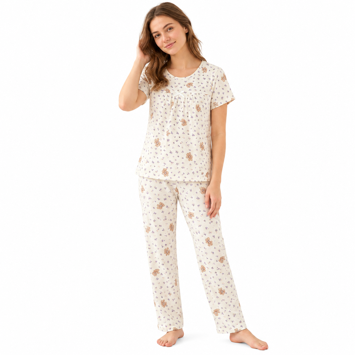 CREAM PJ SET-TEDDY FLOWER