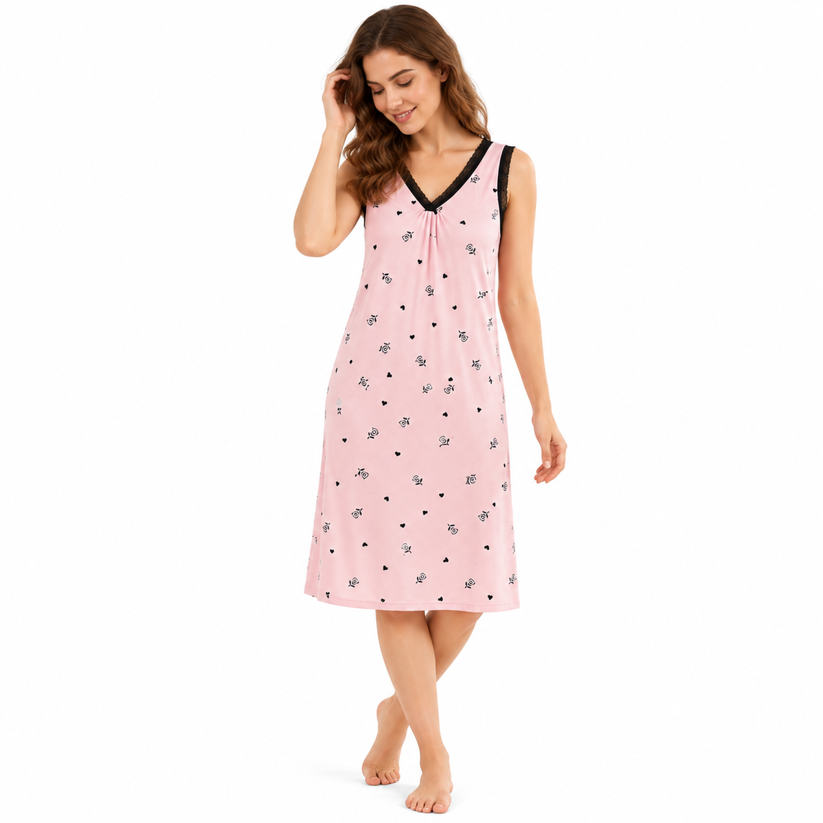 ICESILK V NECK SHORTY-SL-BOW PRINT HEART WITH LEAF-PINK