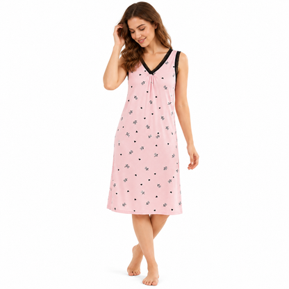 ICESILK V NECK SHORTY-SL-BOW PRINT HEART WITH LEAF-PINK