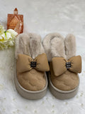 Velvet Beige Bow Cozy Slippers
