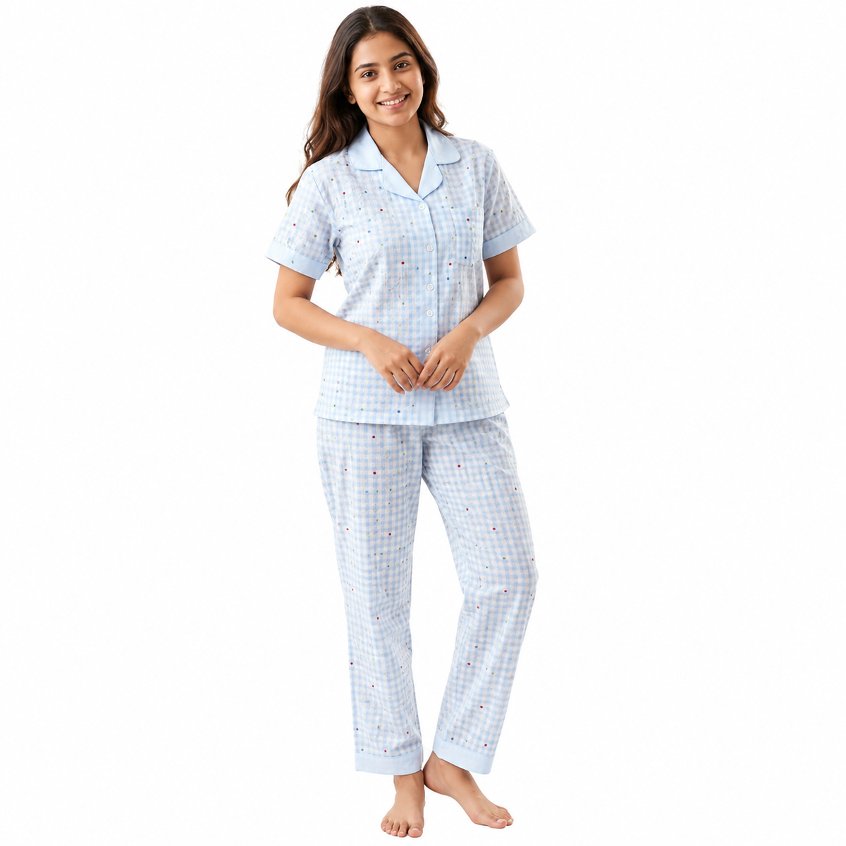 PJ SET WITH SHORTS-CHECKED BLUE