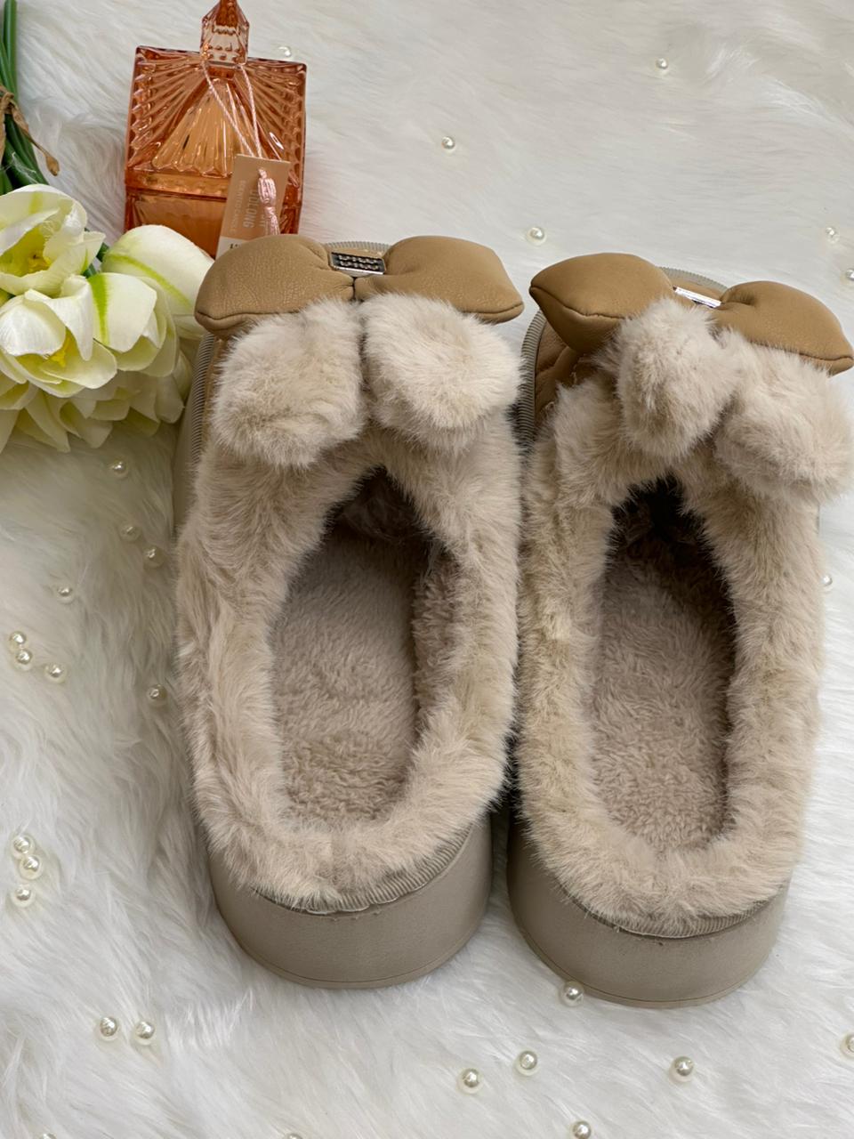 Velvet Beige Bow Cozy Slippers