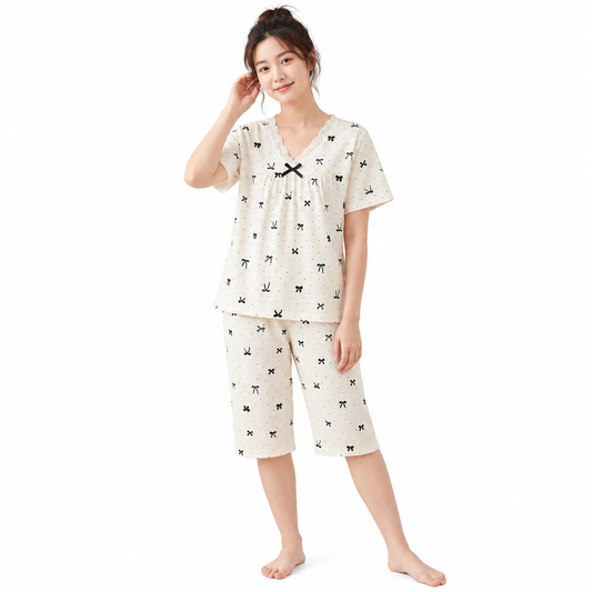 CREPE CAPRI SET-BOW PRINT WHITE
