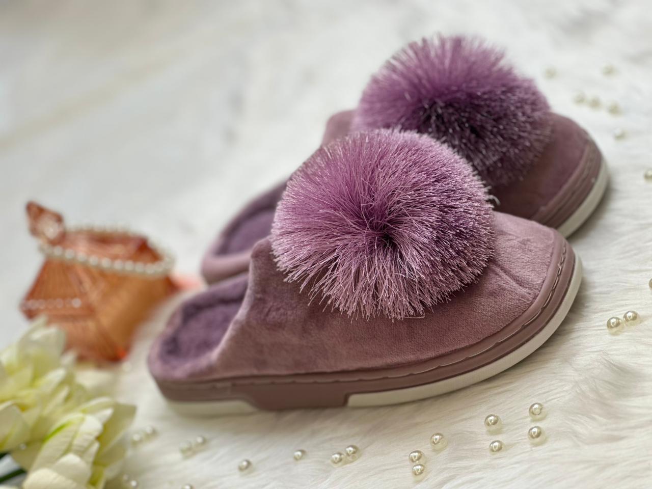 Velvet PomPom Cozy Slippers