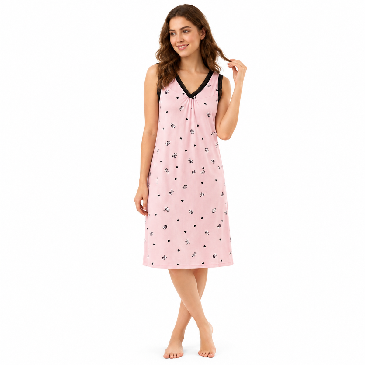 ICESILK V NECK SHORTY-SL-BOW PRINT HEART WITH LEAF-PINK