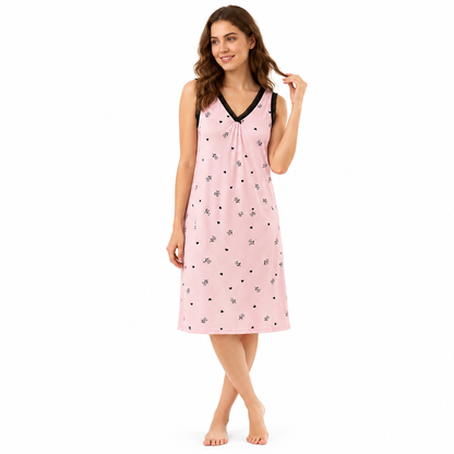 ICESILK V NECK SHORTY-SL-BOW PRINT HEART WITH LEAF-PINK