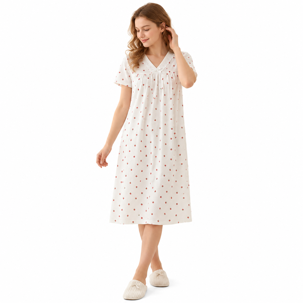 SHORT NIGHTY-V NECK-STRAWBERRY PRINT