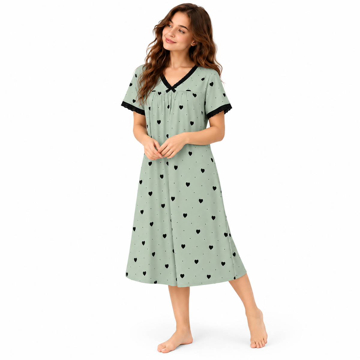 ICE SILK V NECK SHORTY-HEART PRINT-GREEN