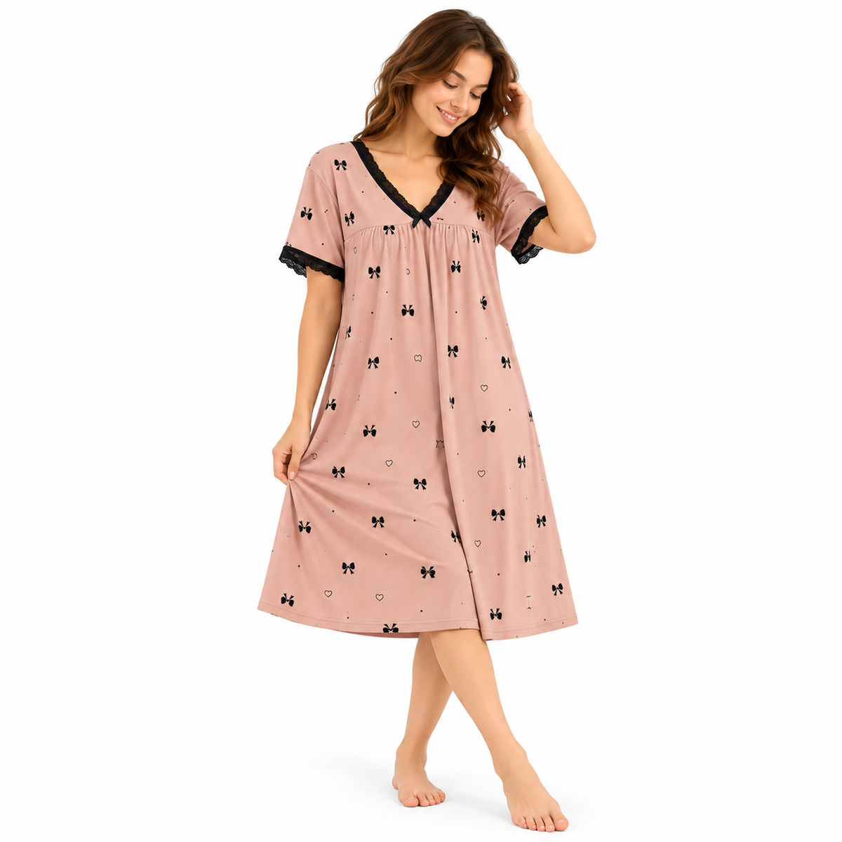 ICE SILK V NECK SHORTY-BOWPRINT-PINK