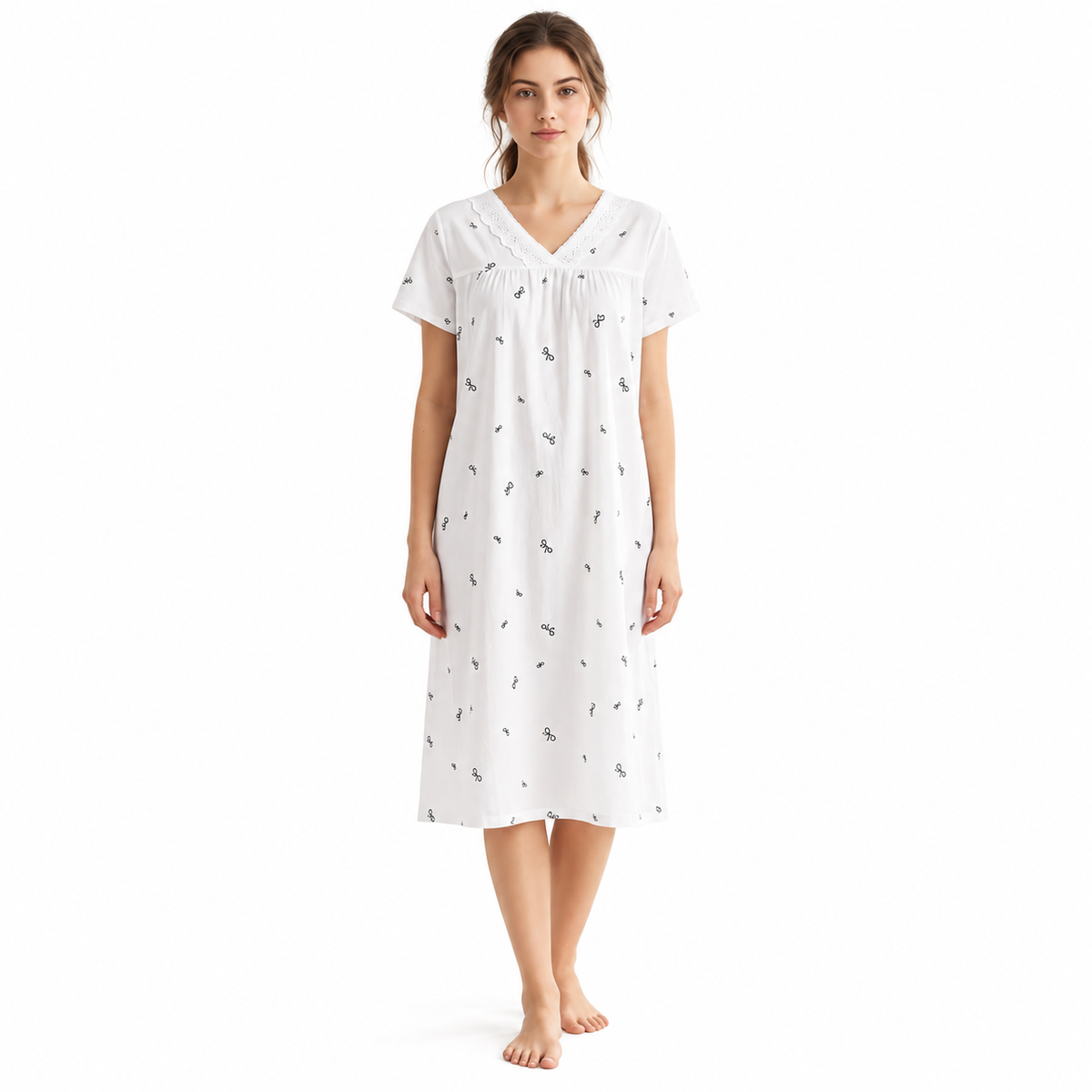 SHORT NIGHTY-V NECK-BOW PRINT