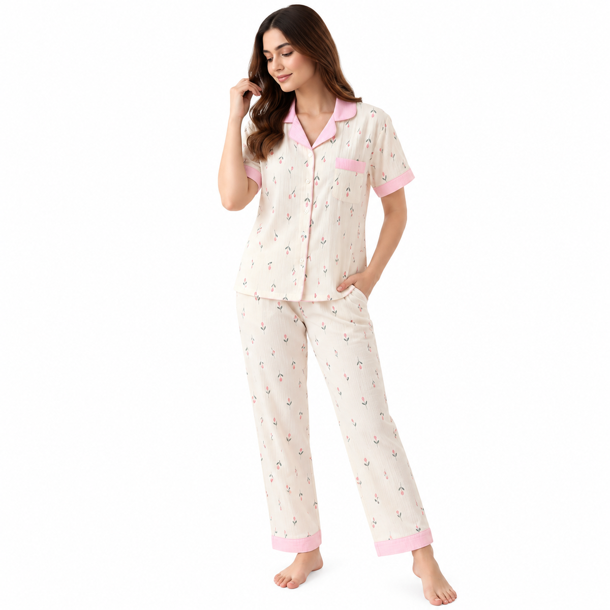 PJ SET WITH SHORTS-PINK BLOSSOM CREAM