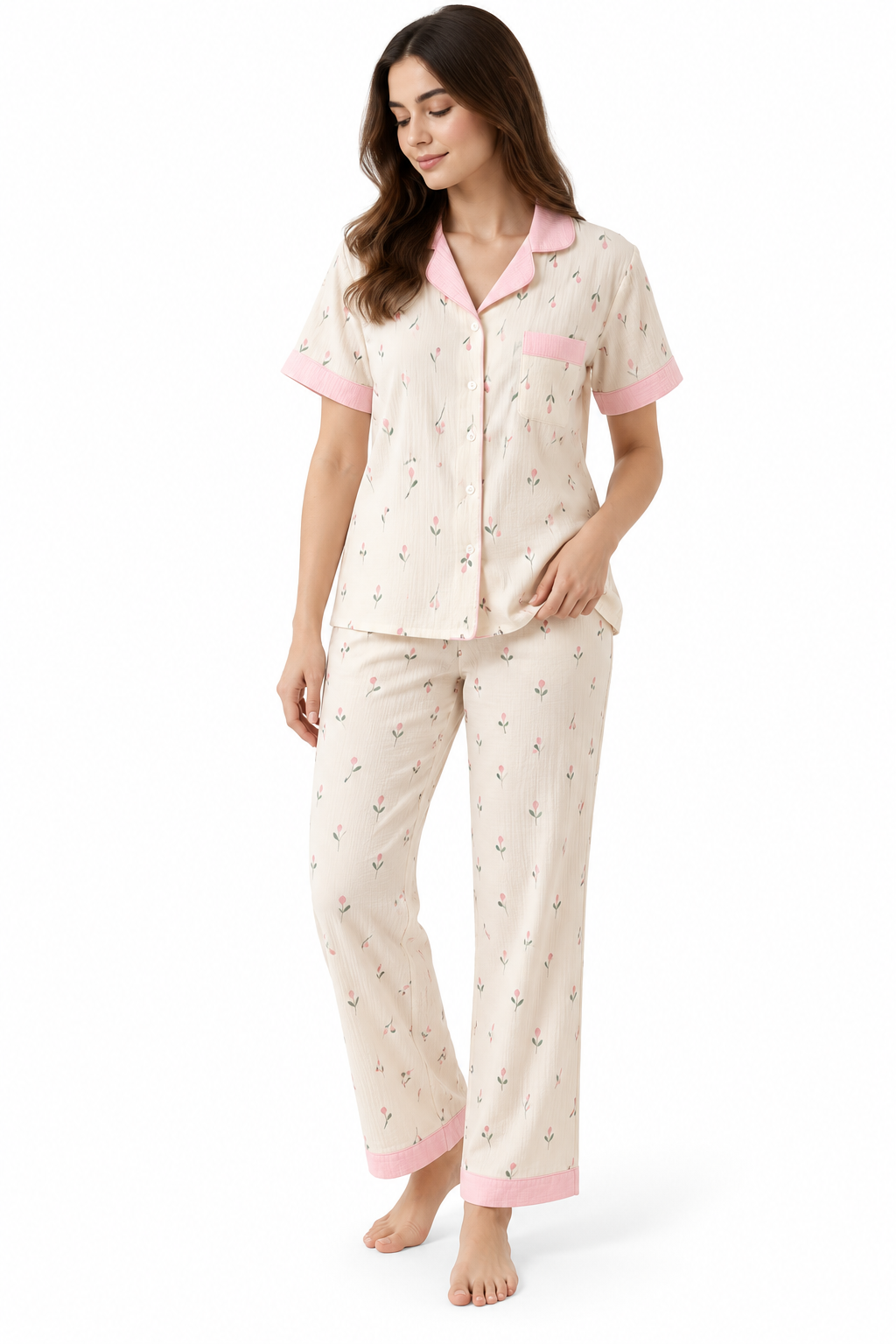 PJ SET WITH SHORTS-PINK BLOSSOM CREAM