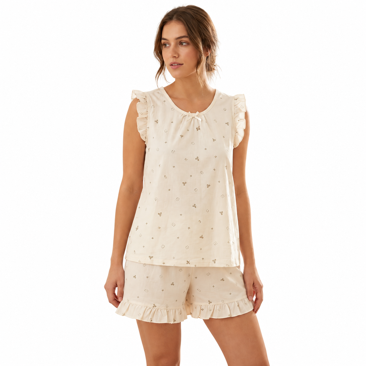 CREW NECK COTTON SHORTS-FLORAL CREAM-XL-NSL