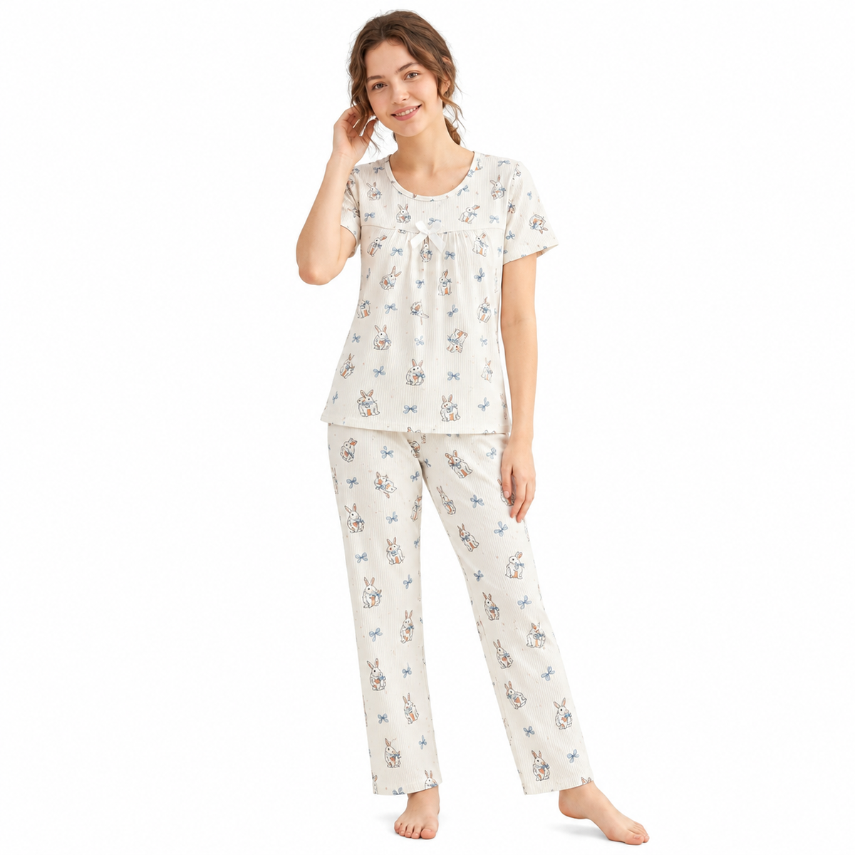 CREAM PJ SET-RABBIT BOW