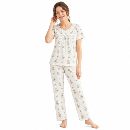 CREAM PJ SET-RABBIT BOW