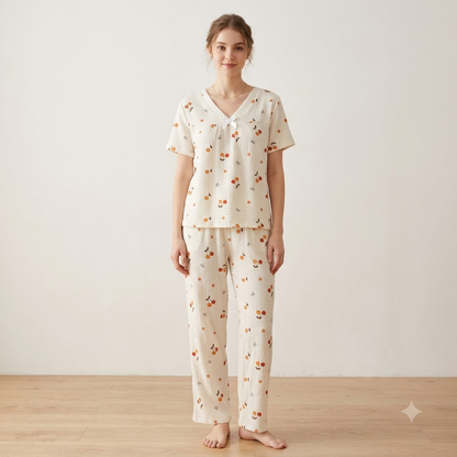 V NECK CRAPE PJ SET-CHARMFED FLUFF FLOWER