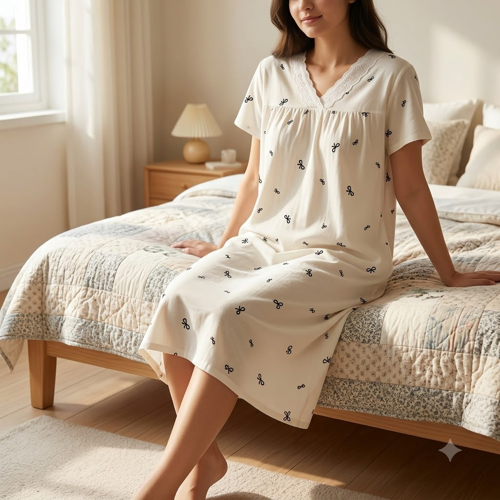SHORT NIGHTY-V NECK-BOW PRINT