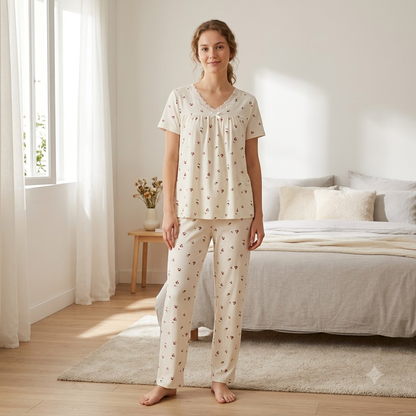V NECK CRAPE PJ SET-CHARMFED FLUFF CHERRY PRINT
