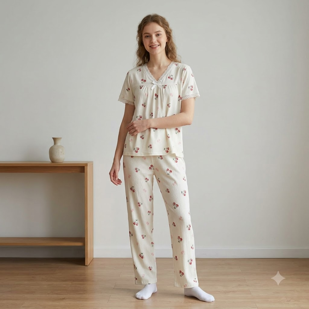 V NECK CRAPE PJ SET-CHARMFED FLUFF PLUM BOW