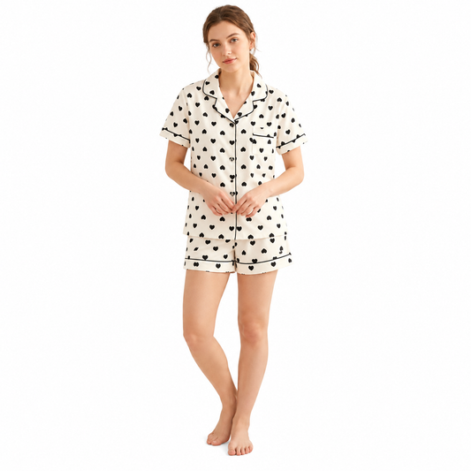COTTON PJ SET WITH SHORTS-HEART PRINT