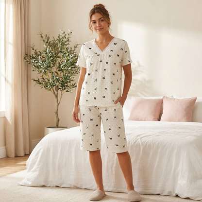 CREPE CAPRI SET-BOW PRINT WHITE
