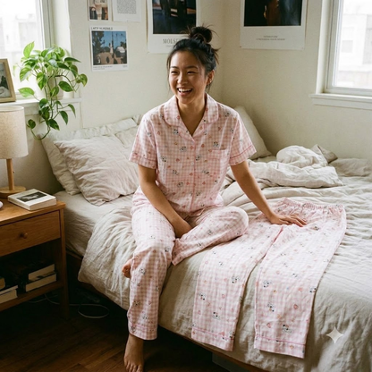 PJ SET WITH SHORTS-CHECKED PINK