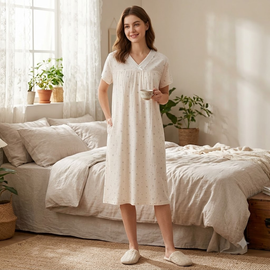 SHORT NIGHTY-V NECK-SMILEY CREAM