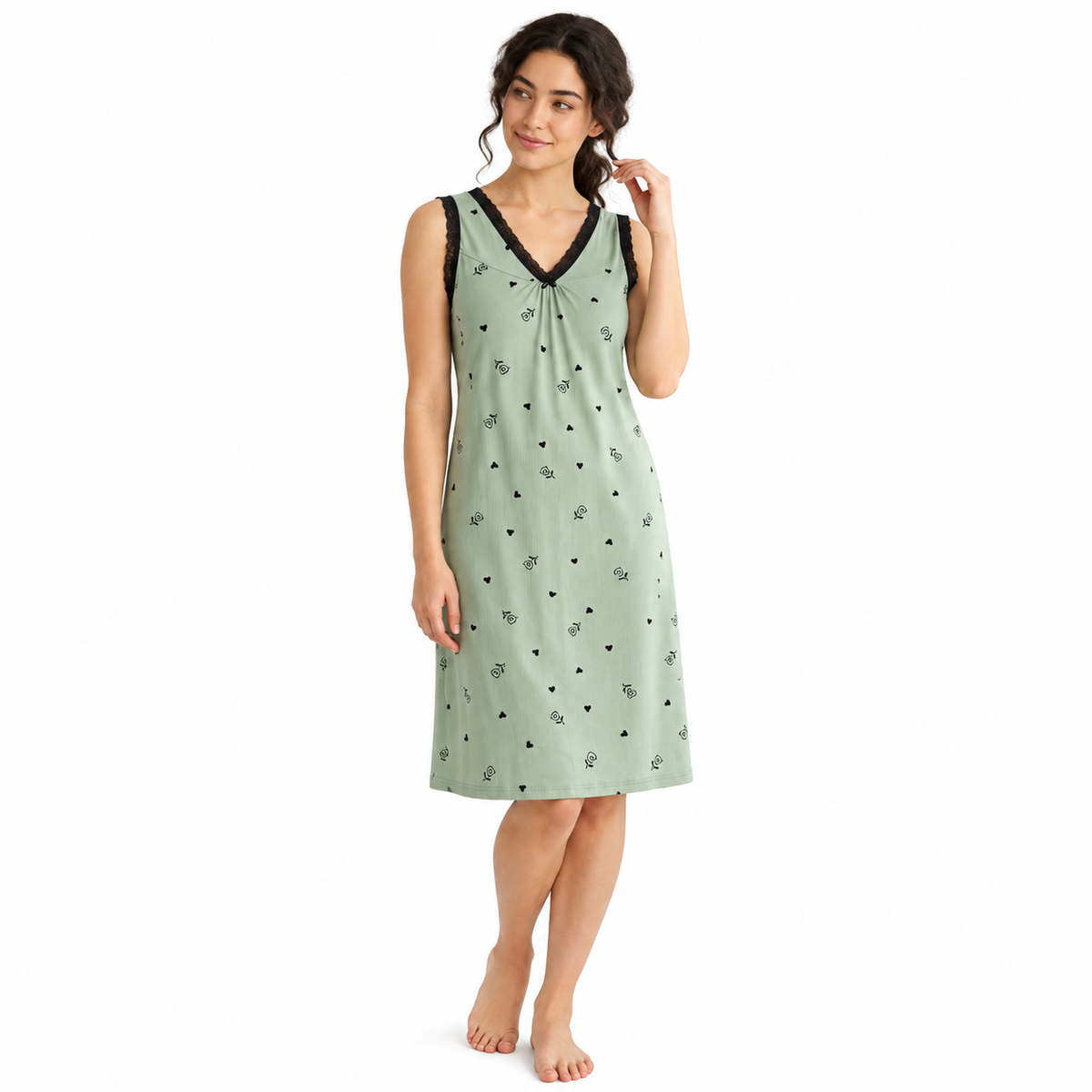 ICESILK V NECK SHORTY-SL-BOW PRINT HEART WITH LEAF-GREEN-NSLF
