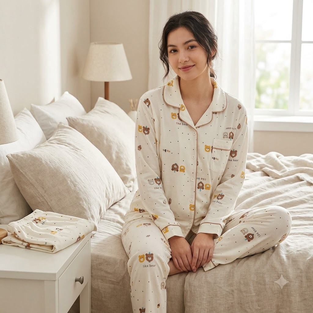 COTTON PJ SET WITH SHORTS-BEAR PRINT-L-NH