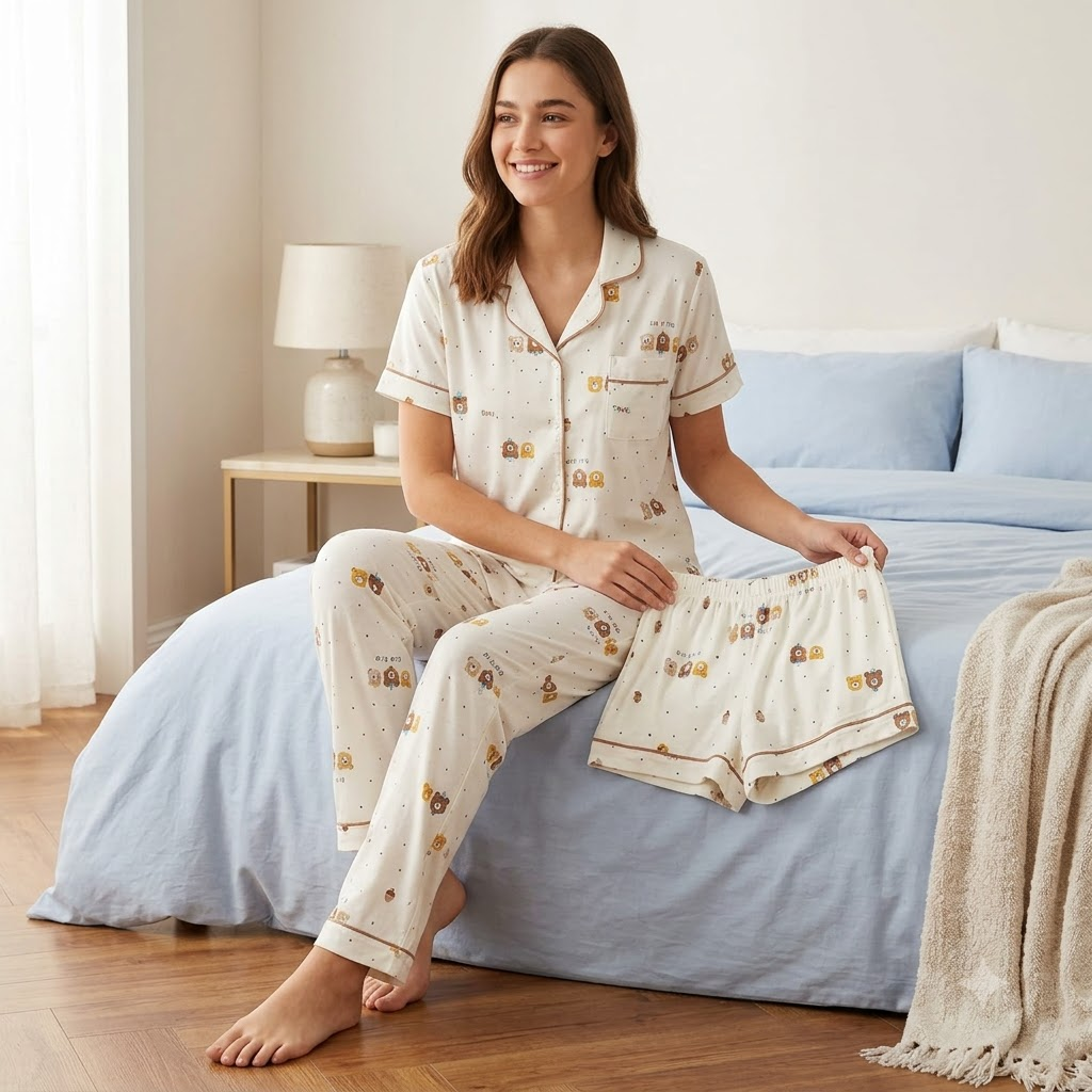 COTTON PJ SET WITH SHORTS-BEAR PRINT-L-NH