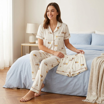 COTTON PJ SET WITH SHORTS-BEAR PRINT-L-NH