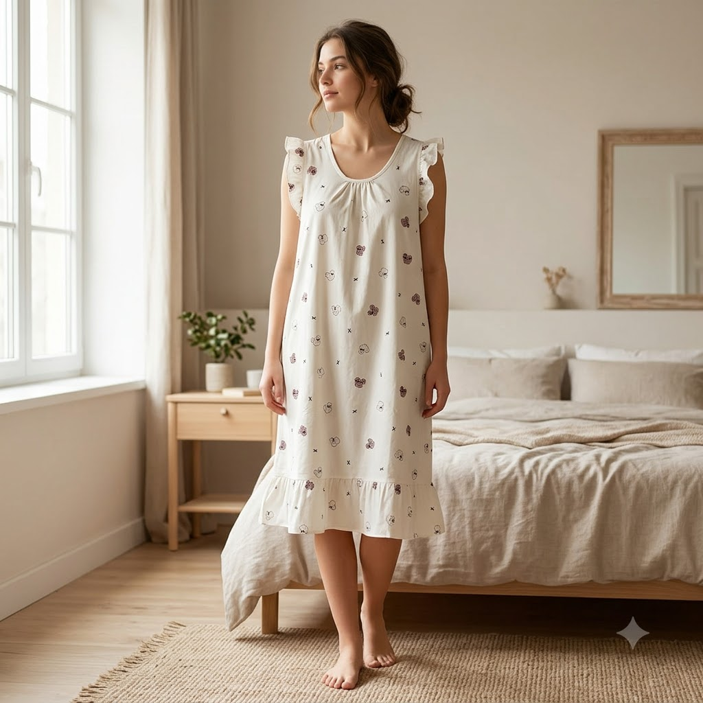 ROUND NECK COTTON SHORTY-GRID BEAR CREAM