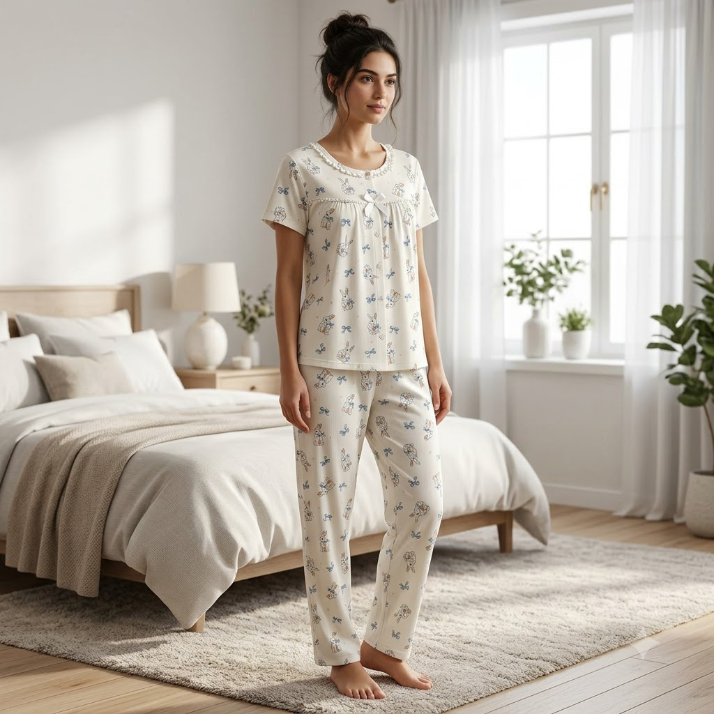 CREAM PJ SET-RABBIT BOW