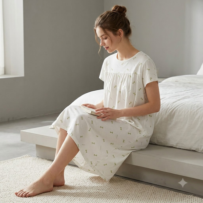 COTTON SHORT NIGHTY-GREEN BOW WHITE