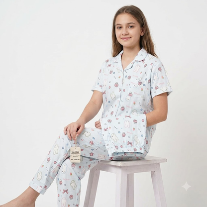 PJ SET WITH SHORTS-MUFFIN&BOWPRINT BLUE