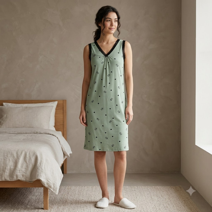 ICESILK V NECK SHORTY-SL-BOW PRINT HEART WITH LEAF-GREEN-NSLF