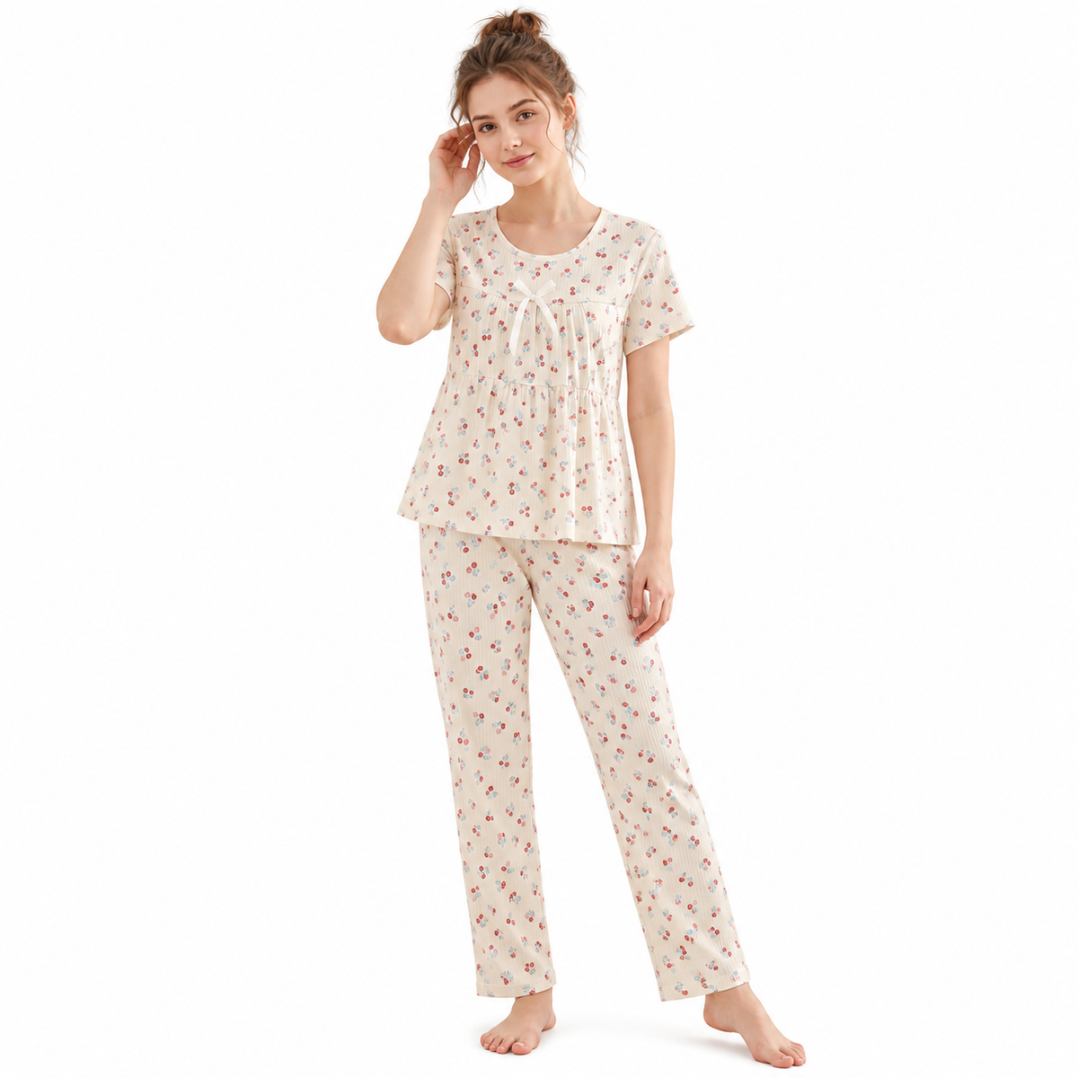 CREAM PJ SET-CHERRY BOW-F