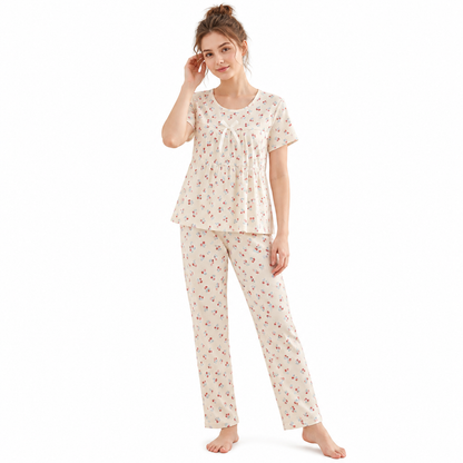 CREAM PJ SET-CHERRY BOW-F