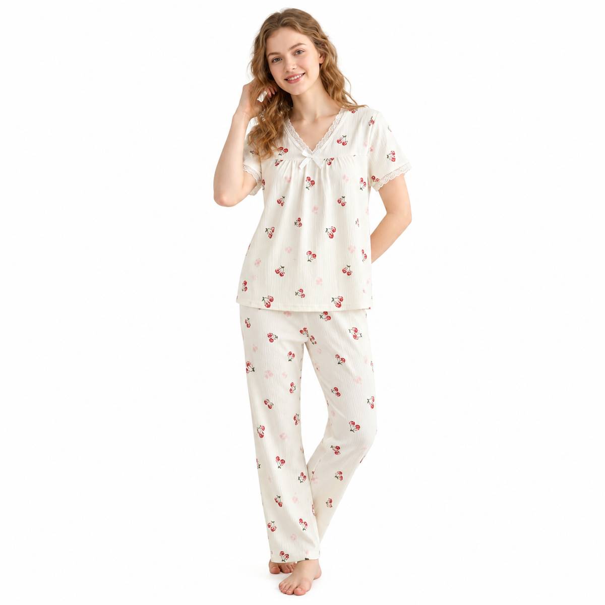 V NECK CRAPE PJ SET-CHARMFED FLUFF PLUM BOW