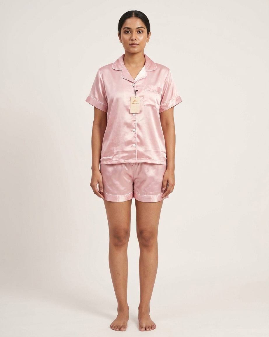 SATIN PLAIN SHORTS 2PCS-L.PINK