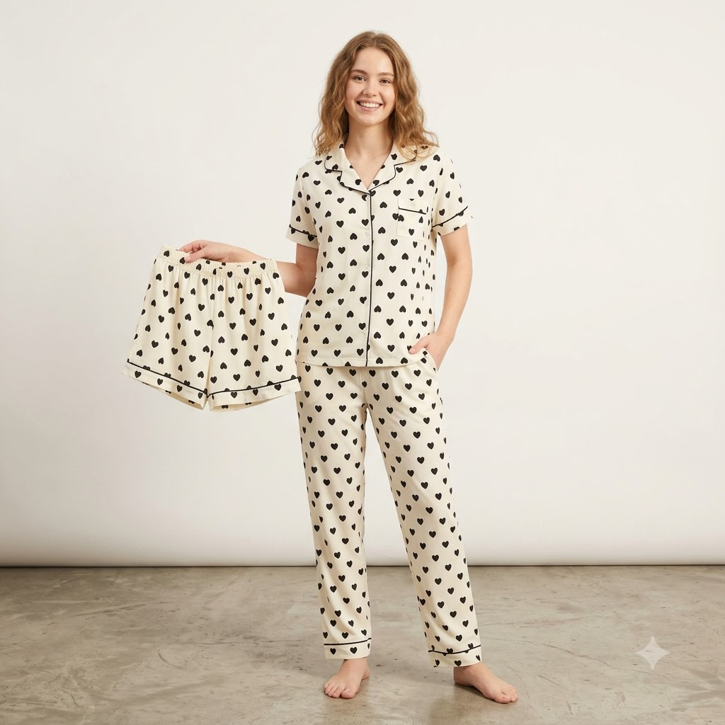 COTTON PJ SET WITH SHORTS-HEART PRINT