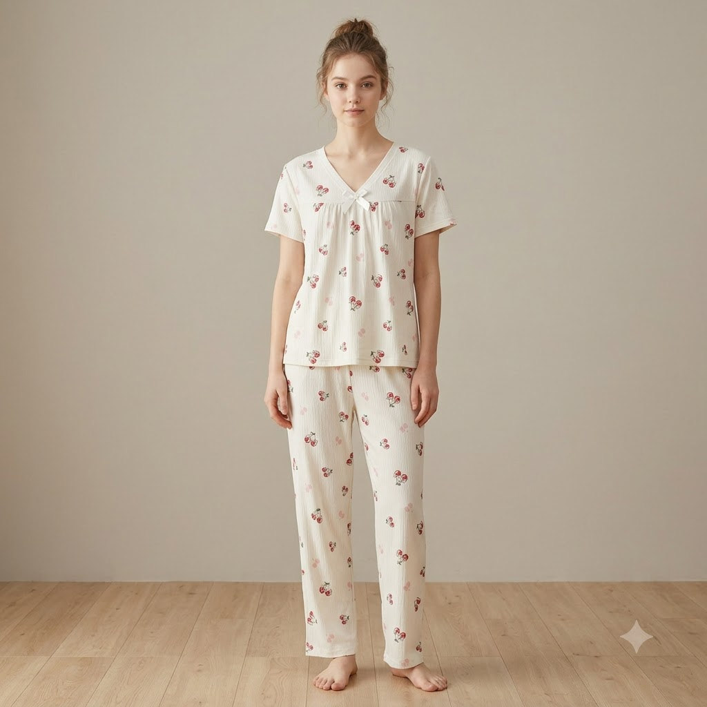 V NECK CRAPE PJ SET-CHARMFED FLUFF PLUM BOW