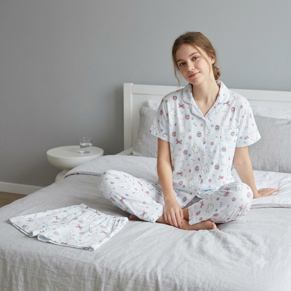 PJ SET WITH SHORTS-MUFFIN&BOWPRINT BLUE