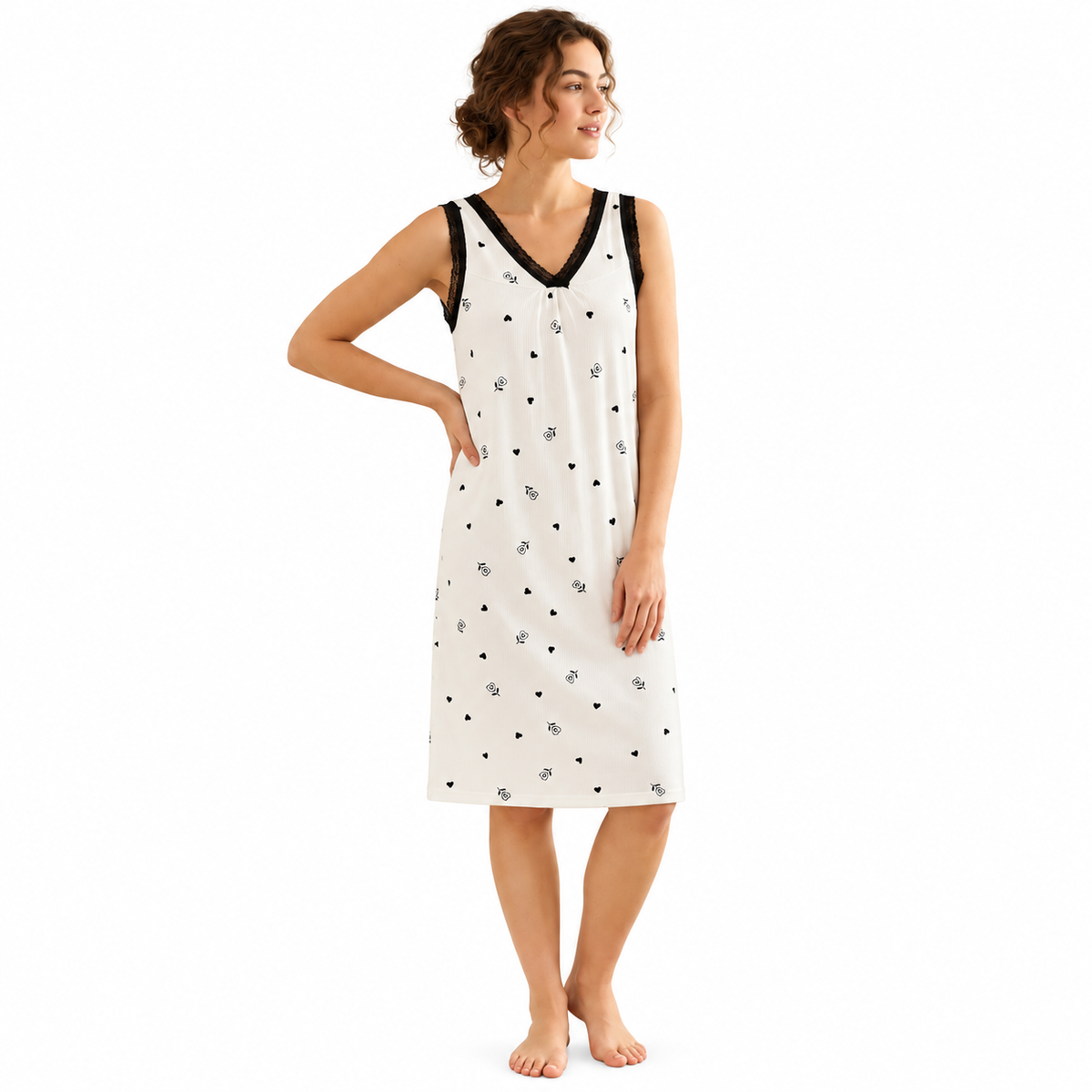 ICESILK V NECK SHORTY-SL-BOW PRINT HEART WITH LEAF-WHITE